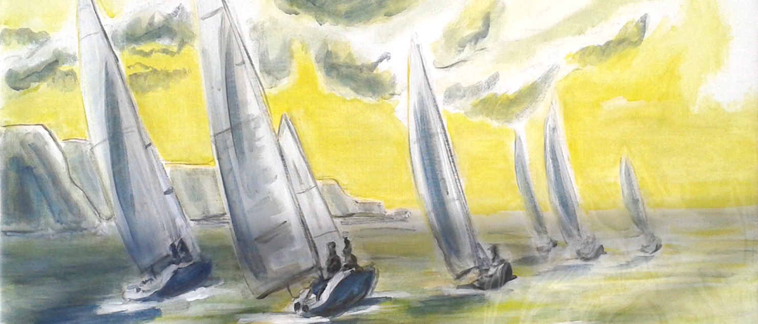 Avance au large, course de bateaux sur la mer, voiles, peinture à l'huile sur carton entoilé