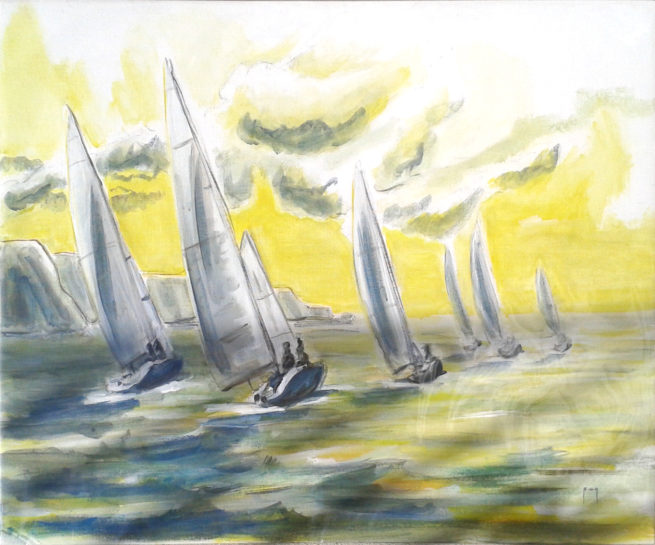 Avance au large, course de bateaux sur la mer, voiles, peinture à l'huile sur carton entoilé