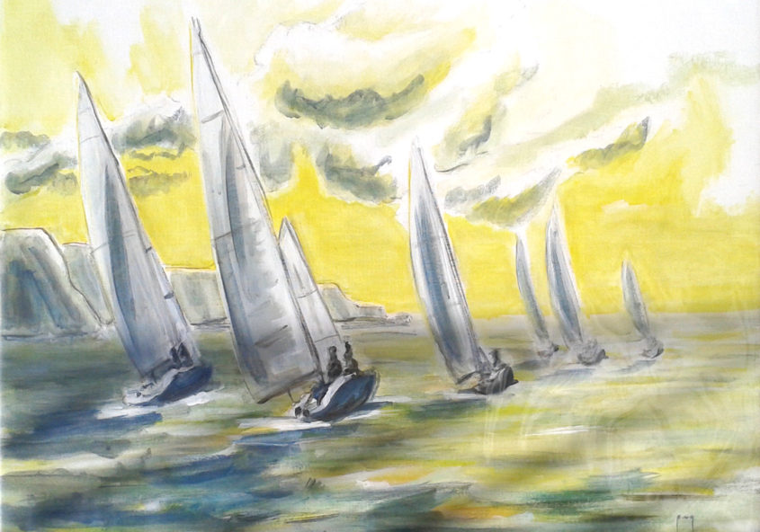 Avance au large, course de bateaux sur la mer, voiles, peinture à l'huile sur carton entoilé