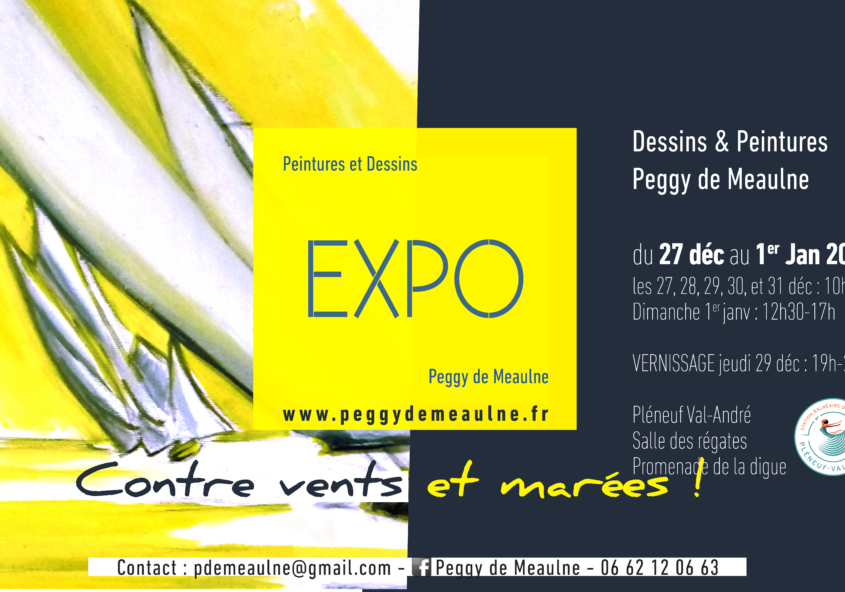 Exposition de dessins peintures de @peggydemeaulne en Bretagne à Pléneuf-Val-André - thème : Contre vents et marées - Bateaux - mer - mouvement